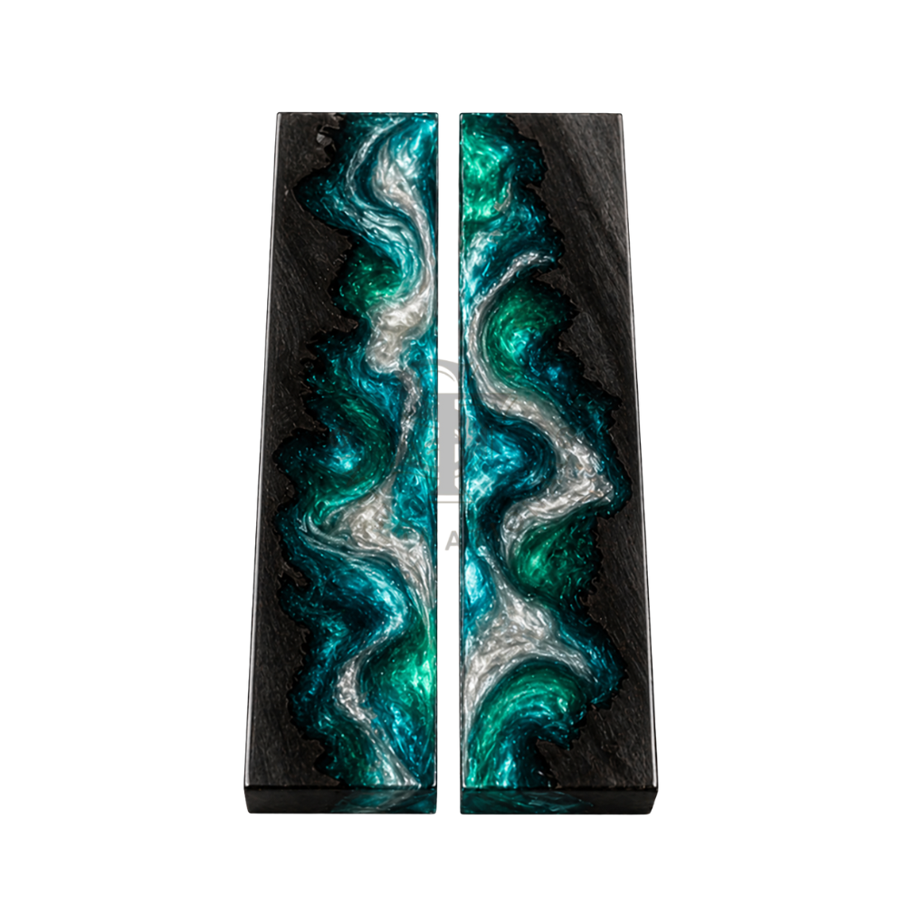 Black Ebony Wood with Green Silver Sky Blue Pearl Color Mix Epoxy Resin Hybrid Scales